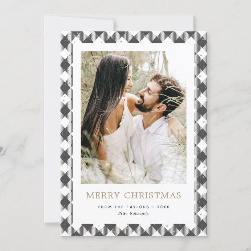 Black Plaid Gold Snow Photo Merry Christmas Card