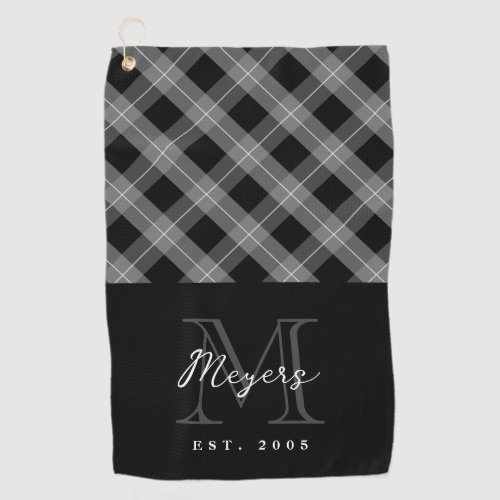 Black Plaid Gray Monogram Year Established Golf Towel