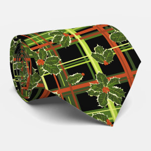 Black Plaid Holly Berries Christmas Neck Tie
