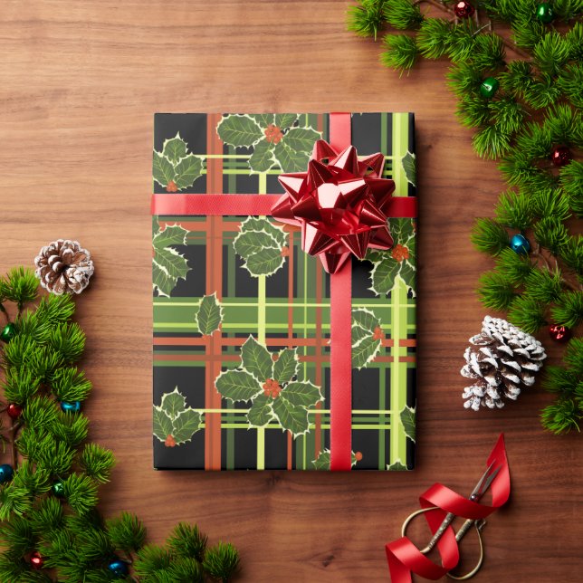 Black Plaid Holly Berries Christmas Wrapping Paper (Holiday Gift)
