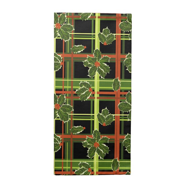 Black Plaid Holly Christmas Cloth Napkin (Half Fold)