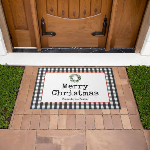 Black Plaid Modern Typewriter Merry Christmas Doormat