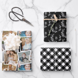 Black Plaid Monogram and Photo Collage Wrapping Paper Sheets