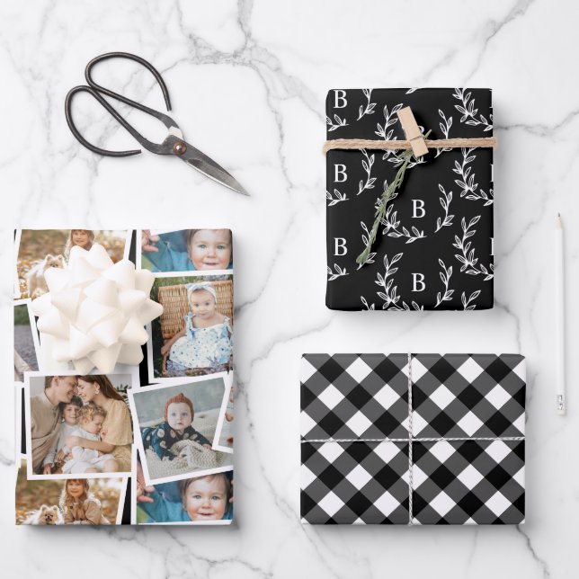 Black Plaid Monogram and Photo Collage Wrapping Paper Sheets (Front)