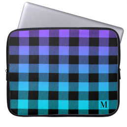 Black plaid on purple and turquoise ombre laptop sleeve