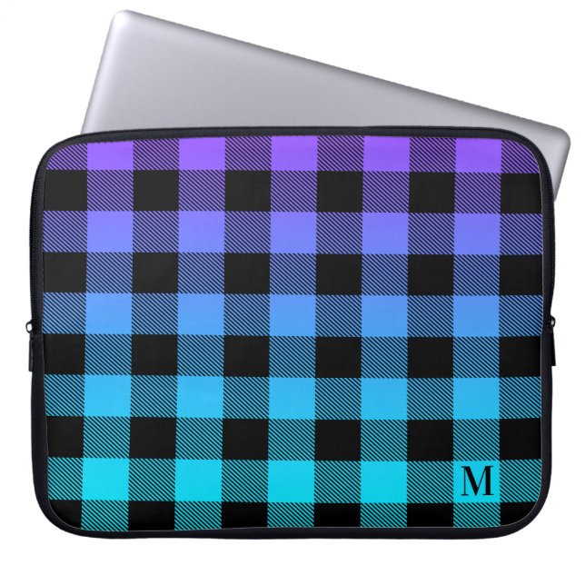 Black plaid on purple and turquoise ombre laptop sleeve (Front)