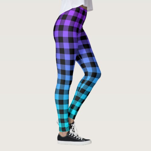 Black plaid on turquoise  purple ombre leggings