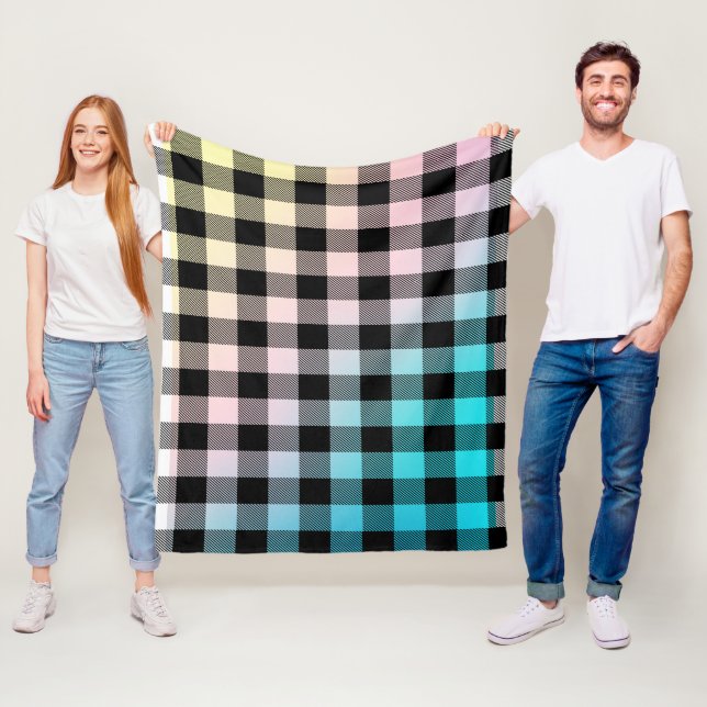 Black plaid pattern on pastel colors ombre fleece blanket (In Situ)