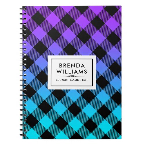 Black plaid pattern on  purple and turquoise ombre notebook