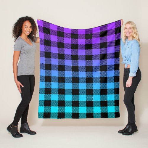 Black plaid pattern purple to turquoise ombre fleece blanket