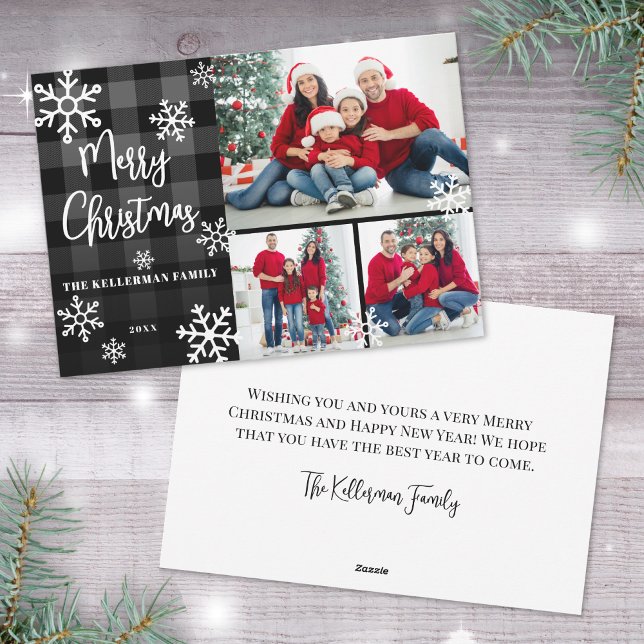 Black Plaid Photo Christmas Holiday Card (Photo Collage Black Plaid Merry Christmas Holiday Card)
