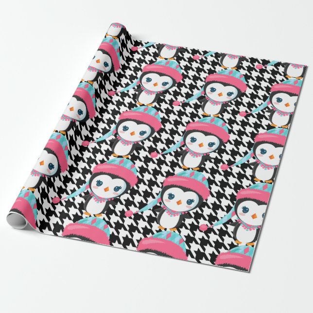 Black  Plaid Pink Penguin Wrapping Paper (Unrolled)