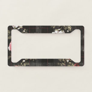 Black Plaid Red Roses License Plate Frame