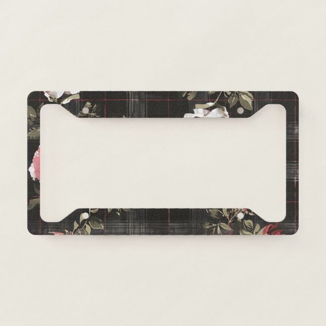 Black Plaid Red Roses License Plate Frame (Front)