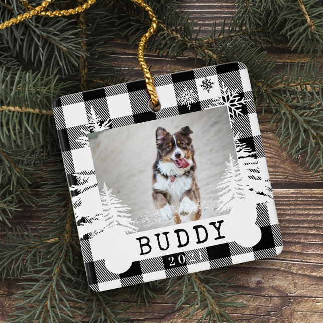 Black Plaid Rustic Pine Trees Dog Bone Pet Photo Ceramic Ornament (Black Plaid Rustic Pine Trees Dog Bone Pet Photo Ceramic Ornament)