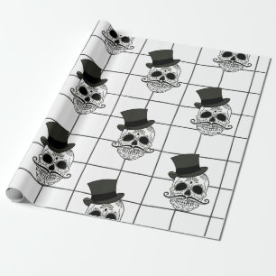 Black Plaid, Skulls, Top Hat Wrapping Paper