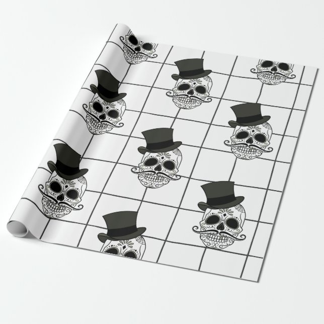 Black Plaid, Skulls, Top Hat Wrapping Paper (Unrolled)