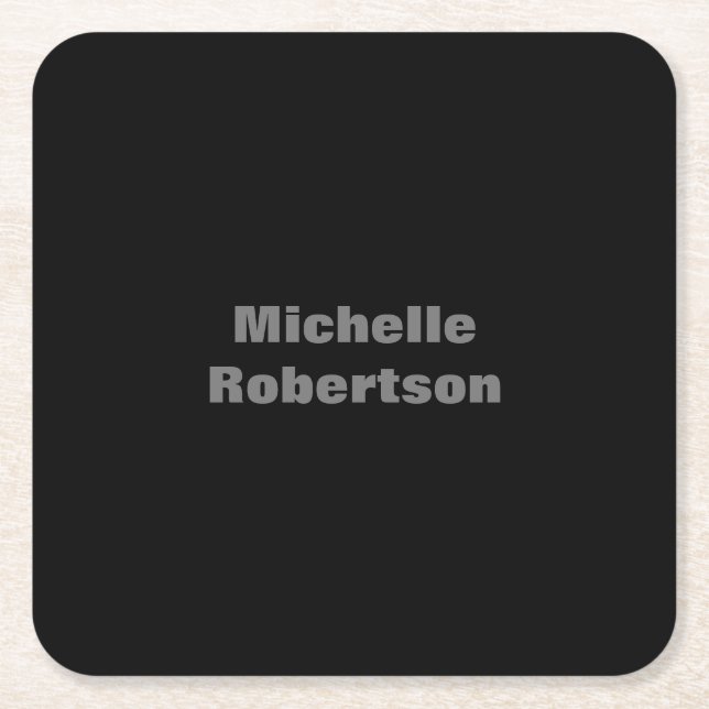 Black Plain Minimalist Add Own Name Square Paper Coaster (Front)