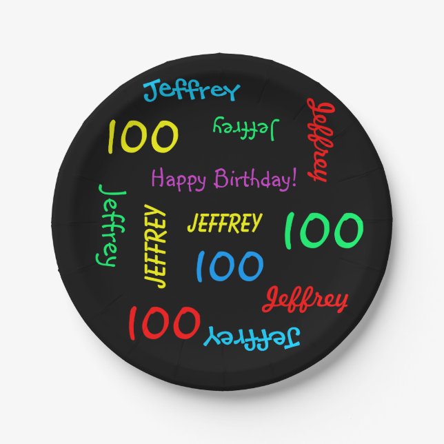 Black Plates, 100th Birthday Party Repeating Names Paper Plates (Front)