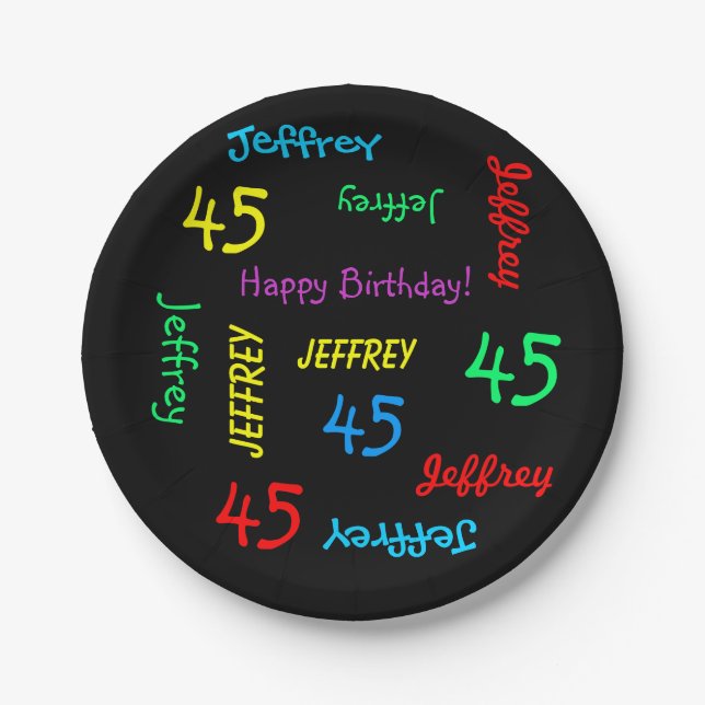 Black Plates, 45th Birthday Party, Repeating Names Paper Plates (Front)