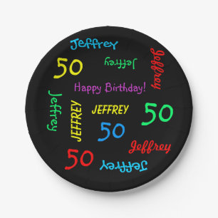 Black Plates, 50th Birthday Party, Repeating Names Paper Plates