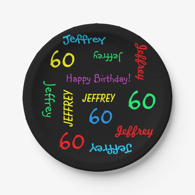 Black Plates, 60th Birthday Party, Repeating Names Paper Plates (Front)