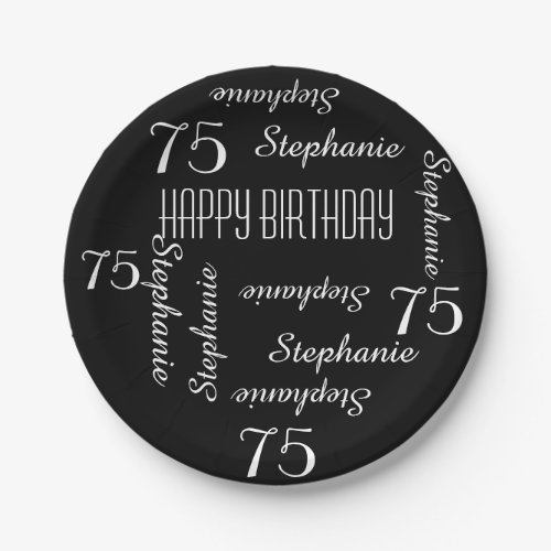 Black Plates 75th Birthday Party Repeating Names Paper Plates