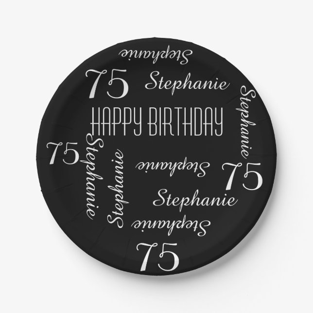 Black Plates, 75th Birthday Party Repeating Names Paper Plates (Front)