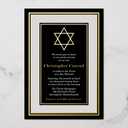 Black Platinum Gold Foil Star of David Bar Mitzvah Foil Invitation