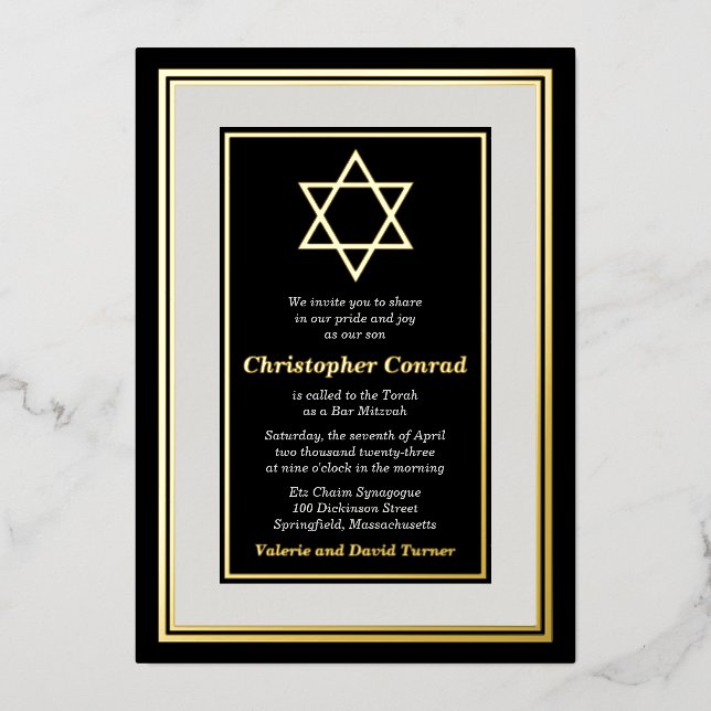 Black Platinum Gold Foil Star of David Bar Mitzvah Foil Invitation (Front)