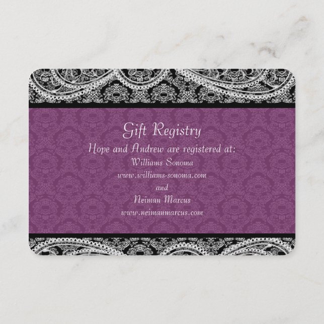 Black Plum Monogram Damask Gift Registry Wedding Enclosure Card (Back)