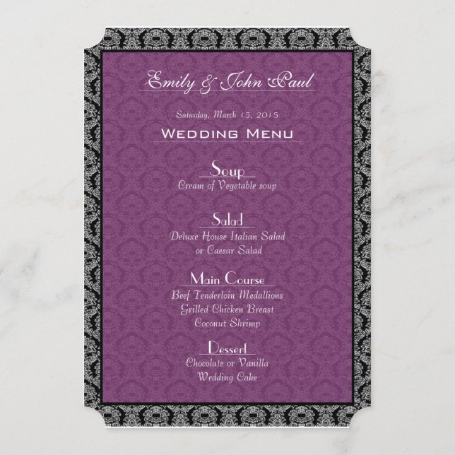 Black & Plum Paisley Damask Wedding Menu (Back)