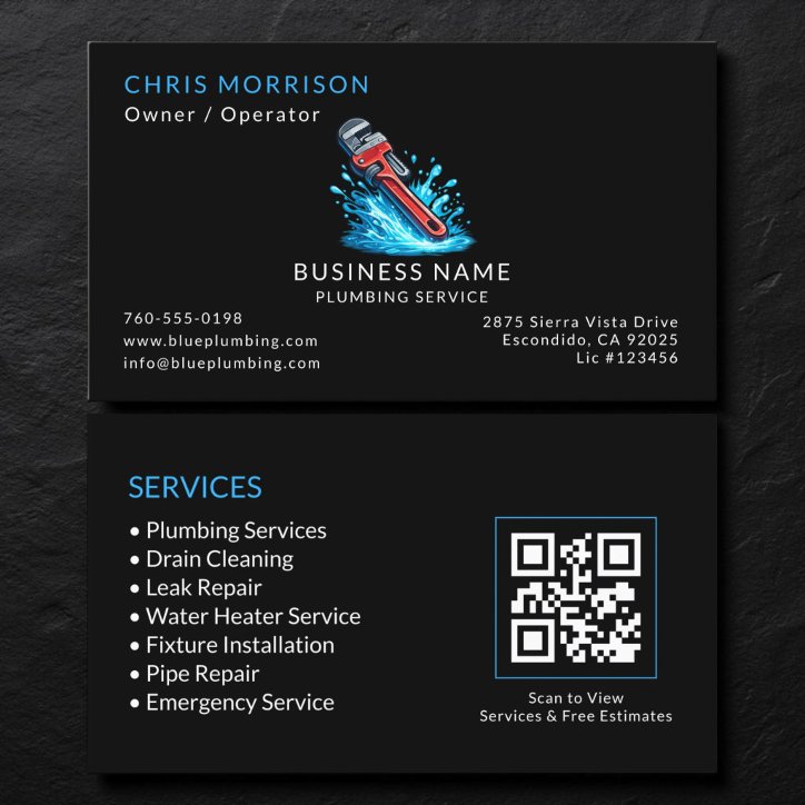 Black Plumber Service QR Code Business Card