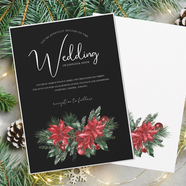 Black Poinsettia Christmas Wedding Invitation (Creator Uploaded)