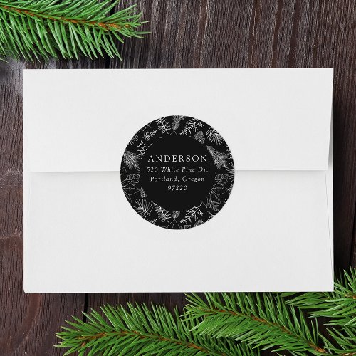 Black Poinsettias and Pinecones Return Address Classic Round Sticker