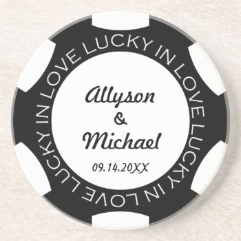 Black Poker Chip Lucky In Love Wedding Anniversary Drink Coaster by FidesDesign at Zazzle