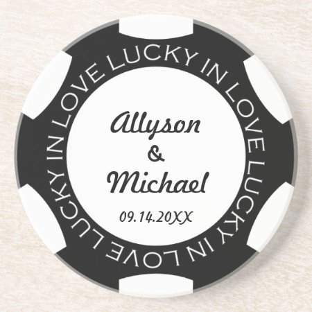Black Poker Chip Lucky In Love Wedding Anniversary Drink Coaster