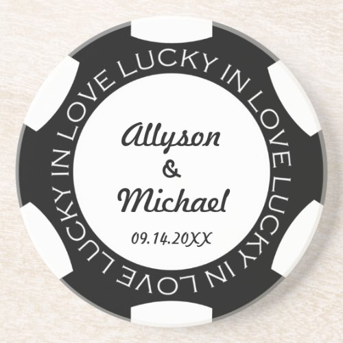 Black poker chip lucky in love wedding anniversary drink coaster