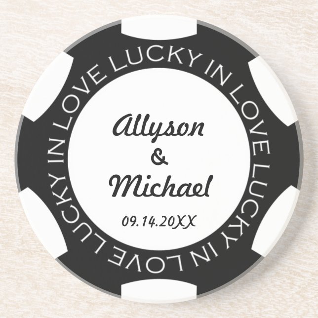 Black poker chip lucky in love wedding anniversary drink coaster (Front)