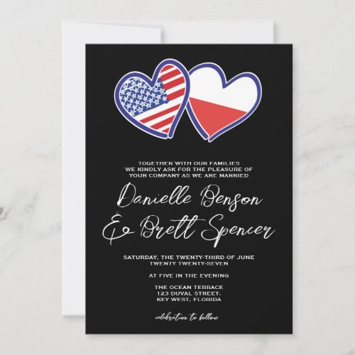 Black Polish American Heart Flags Wedding Invitation