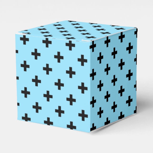 Black polka crosses on baby blue favor boxes (Front Side)