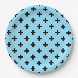Black polka crosses on baby blue paper plates