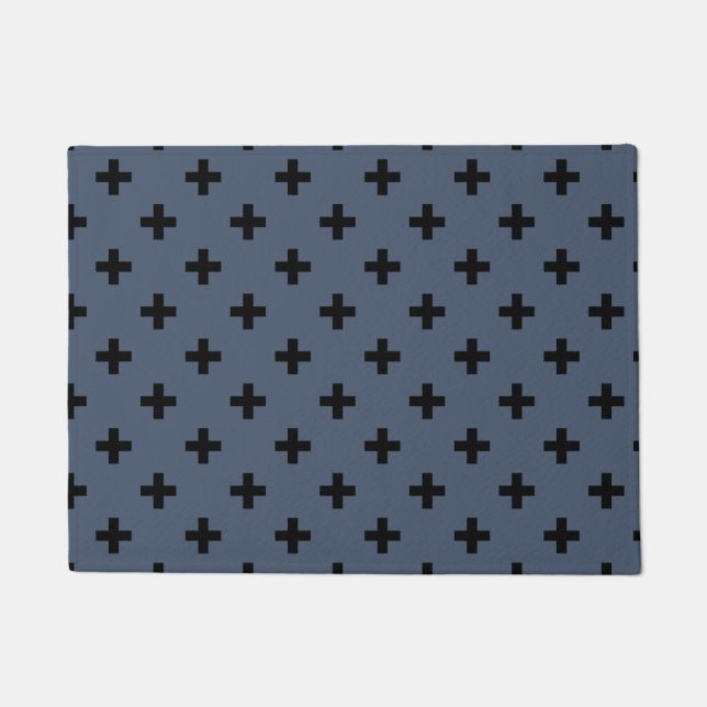 Black polka crosses on blue-gray doormat (Front)