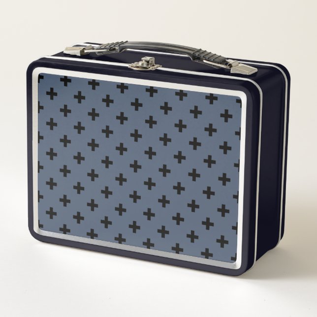 Black polka crosses on blue-gray metal lunch box (Front)