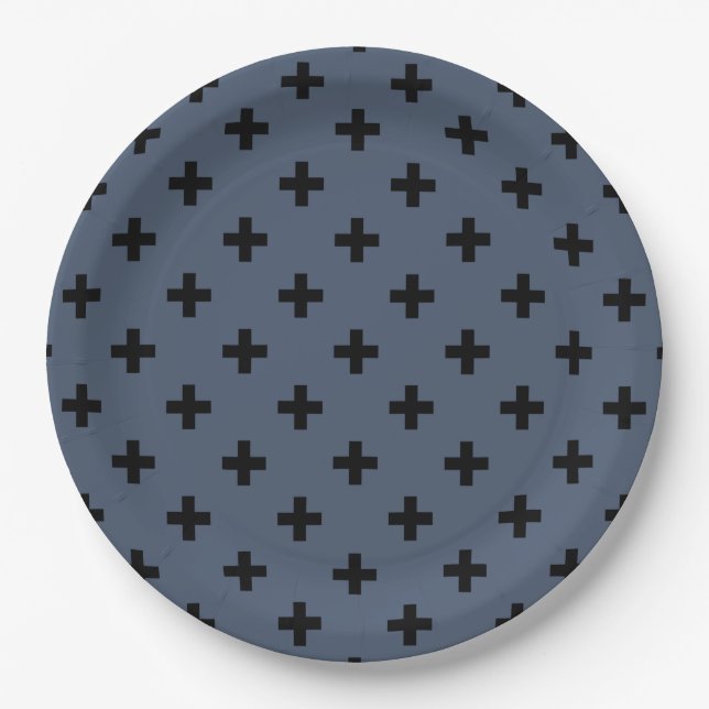 Black polka crosses on blue-gray paper plates (Front)