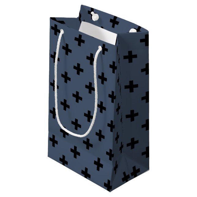 Black polka crosses on blue-gray small gift bag (Front Angled)