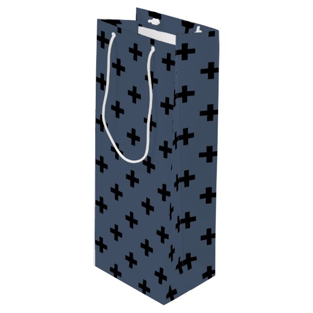 Black polka crosses on blue-gray wine gift bag (Front Angled)