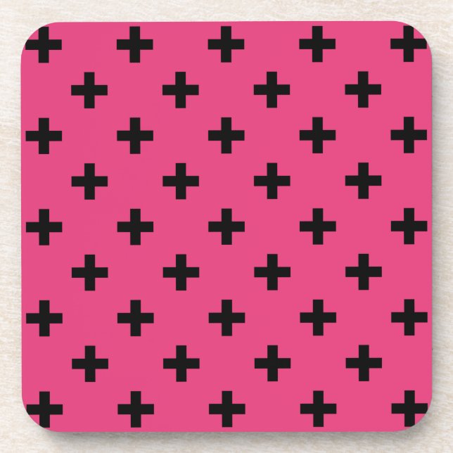 Black polka crosses on fuchsia beverage coaster (Front)