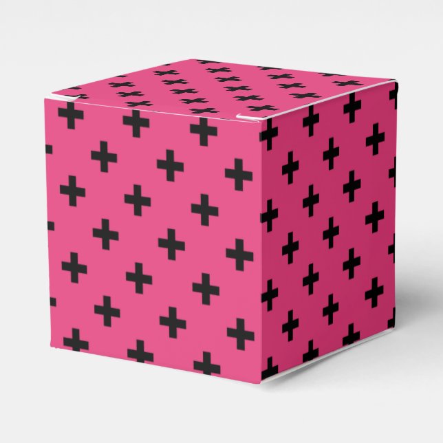 Black polka crosses on fuchsia favor boxes (Front Side)