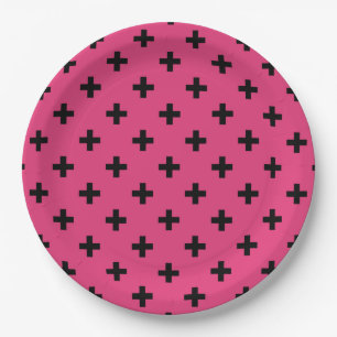 Black polka crosses on fuchsia paper plates